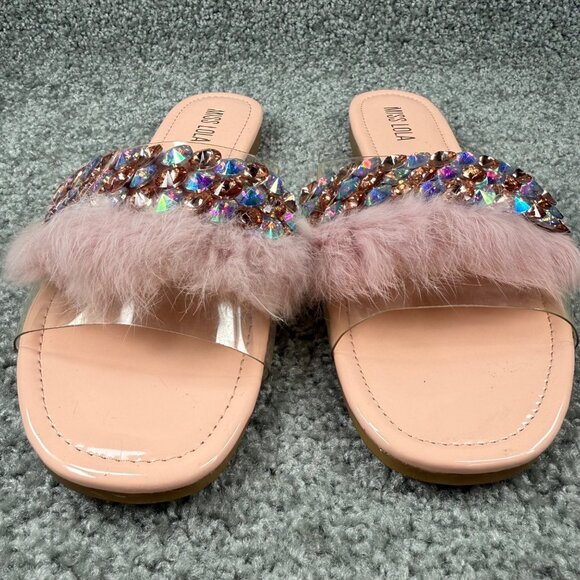 Faux Fur & Rhinestone Embellished Pink Slide Sandals Miss Lola Size 9 Slip On - Picture 5 of 16